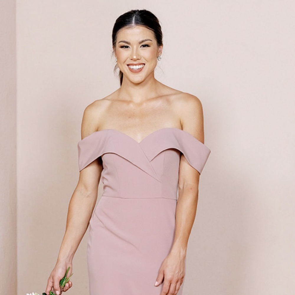 Revelry Bardot Satin Dress in Rose Quartz